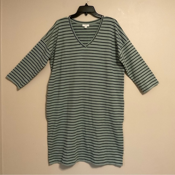 J. Jill Dress With Pockets V-Neck Pima Cotton Green And Navy Striped, Size Large - Picture 1 of 11